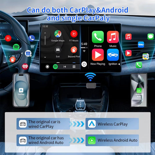 Mini Small 2 in 1 Wired to Wireless Carplay Auto Ai Box Adapter Plug and Play Car Do Dongle With Usb for Android & Apple Carplay